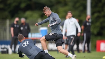 Timo Werner challenges Kevin Trapp during a training session at ADM-Sportpark ahead of Germany's Uefa Nations League group stage match against Spain. Getty Images