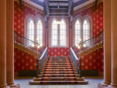 The staircase at St Pancras Renaissance Hotel London where the Spice Girls filmed the music video for 'Wannabe'. Photo: St Pancras Renaissance Hotel London