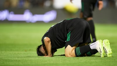 Sumayhan Al Nabit celebrates after scoring for Al Ahli against Al-Khaleej. Getty