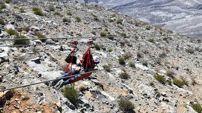 Maintenance work is under way on the zipline at Jebel Jais after a helicopter clipped the cable and crashed into the mountainside last month. Chris Whiteoak / The National