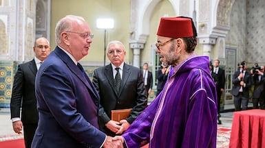 Morocco's King Mohammed VI, right, meets Ross McInnes, chairman of French aerospace company Safran, at the Royal Palace in Casablanca on Friday. AFP