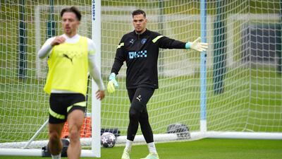 Manchester City goalkeeper Ederson trains on Tuesday. AP