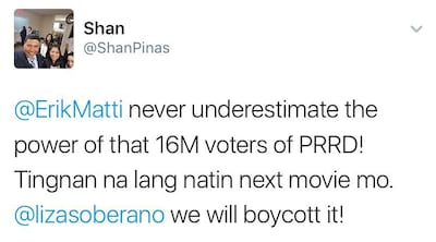 Screenshot of call to boycott Erik Matti's movies