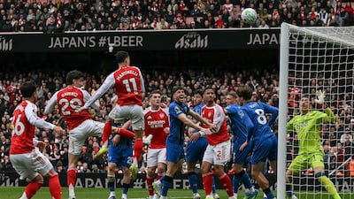 Kai Havertz, second left, heads a great chance over bar for Arsenal. AFP