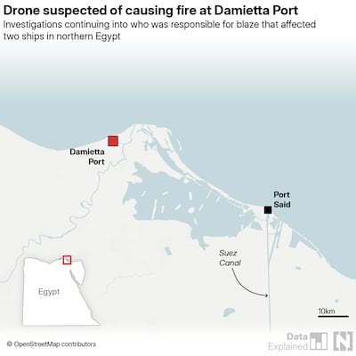 A map of Egypt showing the location of Damietta, where a drone attack on Wednesday started a fire aboard a US-owned tanker.
