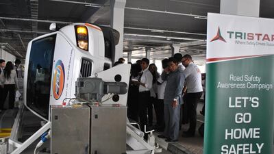 The Let’s Go Home Safely initiative features a car crash simulator to demonstrate the impact of a crash. The campaign will reach about 500 Dubai pupils this week. Courtesy Tristar