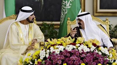 King Abdullah, right meets Sheikh Mohammed bin Rashid in Riyadh on May 11, 2010. Fahad Shadeed / Reuters