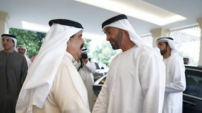 King Hamad of Bahrain offers condolences to Sheikh Mohamed bin Zayed, Crown Prince of Abu Dhabi and Deputy Supreme Commander of the UAE Armed Forces, on the death of Sheikh Sultan bin Zayed, at Al Mushrif Palace. All photos by Ministry of Presidential Affairs