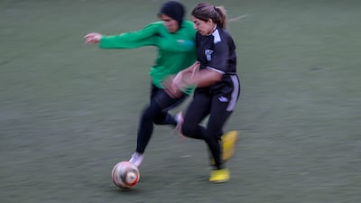 Palestinian women footballers take part in game in Gaza city. For the first time in the Gaza Strip, a football match for girls has been organised by the Algerian-Palestinian Friendship Association.