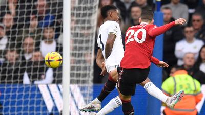 Manchester United's Diogo Dalot hits the crossbar. AFP