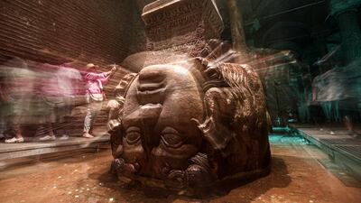 The Medusa head. Historical documents suggest that more than 7,000 slaves were involved in the construction of the Basilica Cistern.