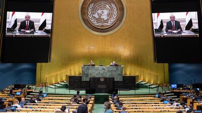 Yemeni President Abdrabu Mansur Hadi speaking on screen during the 75th General Assembly of the United Nations. EPA