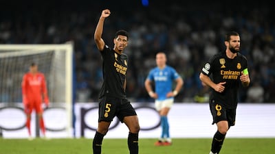 Jude Bellingham of Real Madrid after scoring his team's second goal against Napoli in Naples. Getty