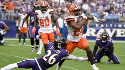 Cleveland Browns running back Nick Chubb scored three touchdowns in the 40-25 Scorigami against the Baltimore Ravens. AP Photo
