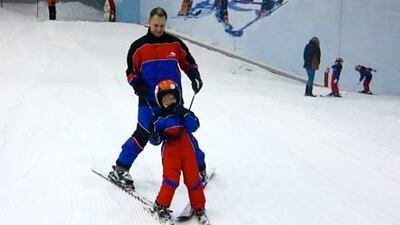 :In Rio Watson’s first runs at Ski Dubai, two poles were attached to his waist for control while he learned how to ski properly. He went on the slopes with his father, Nick.