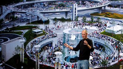 File - Apple Chief Executive Steve Jobs speaks on stage, with the Shanghai Apple store displayed on screen, at Apple's media event in San Francisco, California on September 1, 2010. Jobs died on October 5, 2011 at the age of 56. REUTERS/Robert Galbraith