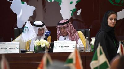 Saudi foreign minister Adel Al Jubeir, right, confers with Yousef Al Othaimeen, chairman of the Organisation of Islamic Co-operation, during a meeting. AFP