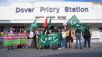 A picket line outside Dover Priory station in Kent, south-east England. PA