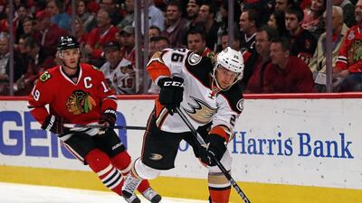 Anaheim Ducks’ Carl Hagelin, right, was the club’s top acquisition in the off-season and has only one assist so far. Jonathan Daniel / Getty Images