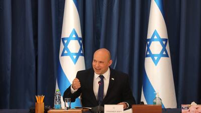 Israeli Prime Minister Naftali Bennett at the weekly cabinet meeting in Jerusalem, on August 22, 2021.
