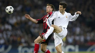 Santiago Solari is challenged by Bernd Schneider of Bayer Leverkusen during the UEFA Champions League Final in 2002. Getty Images