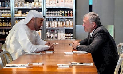 King Abdullah and Sheikh Mohamed bin Zayed meet for lunch in Jones the Grocer in Abu Dhabi. Courtesy: King Abdullah's Twitter