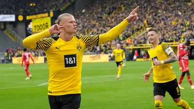 Dortmund's Erling Haaland celebrates after scoring a penalty in the Bundesliga match against Mainz in October, 2021. AP