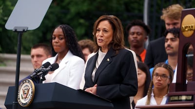 US Vice President Kamala Harris (C) speaks at an event with the National Collegiate Athletic Association (NCAA) championship teams, on the South Lawn of the White House, Washington DC, USA, 22 July 2024. US President Joe Biden announced on 21 July he would not seek re-election and endorsed Vice President Harris to be the Democratic Party's new nominee for the US elections in November 2024. EPA / WILL OLIVER