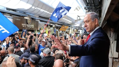 Israeli Prime Minister Benjamin Netanyahu on the campaign trail in Jerusalem. Abir Sultan / EPA