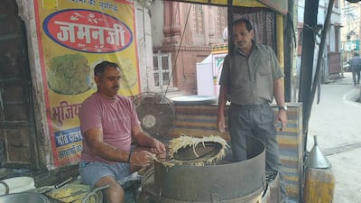 Rewat Ram cooks 200kg of bhujia every day in Rajasthan, India. Anmol Arora for The National
