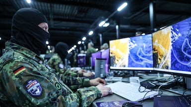 A German soldier takes part in a Nato cyber defence exercise. AFP