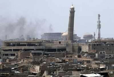The leaning Al Hadba minaret at the Al Nuri Mosque in Mosul's Old City, just weeks before it was destroyed by ISIS in June 2017. AFP
