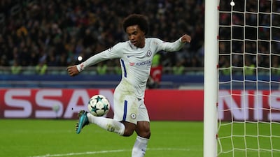 Willian celebrates after scoring Chelsea's second goal in the 4-0 win over Qarabag in the Uefa Champions League on Wednesday night. Peter Cziborra / Reuters