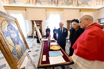 Pope Leo XIV exchanges gifts with King Charles III and Queen Camilla at the Apostolic Palace. Getty