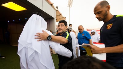 Fujairah, United Arab Emirates, July 15, 2017: Football legend Diego Maradona is introduced as the new head coach of Fujairah football club of UAE's division one at the Fujairah stadium in Fujairah on July 15, 2017. Christopher Pike / The National Reporter: John McAuley Section: Sport Keywords: