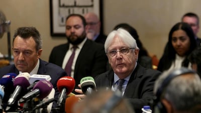 The UN Special Envoy to Yemen Martin Griffiths, centre, and president of the International Committee of the Red Cross Peter Maurer, left, speak during a round prisoner exchange negotiations in the Jordanian capital Amman in February 2019. AP Photo