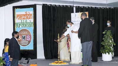 V. Muraleedharan, Indian Minister of State for External Affairs, at Delhi Private School in Dubai, where a programme has been launched to help blue-collar workers learn soft skills and language. Reem Mohammed/ The National)