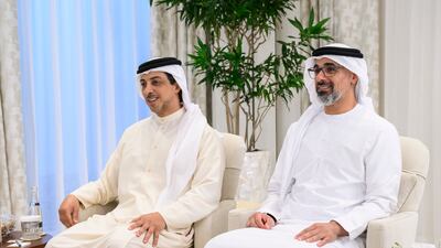 Sheikh Mansour bin Zayed, Deputy Prime Minister and Minister of the Presidential Court, and Sheikh Khaled bin Mohamed, member of the Abu Dhabi Executive Council and chairman of the Abu Dhabi Executive Office, attend a meeting at Al Shati Palace.
