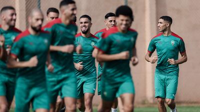Morocco's defender Achraf Hakimi (R) attends a training session at the Stade Ahmadou-Ahidjo in Yaounde. AFP