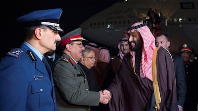 Saudi Arabia's Crown Prince Mohammed bin Salman is welcomed upon his arrival in Washington. Bandar Algaloud /Courtesy of Saudi Royal Court / Reuters