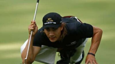 Camilo Villegas lines up a putt on the 13th hole during the third round of the BMW Championship.