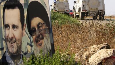 Poster of Hezbollah leader Hassan Nasrallah and Syrian President Bashar Al Assad in south Lebanon. AFP