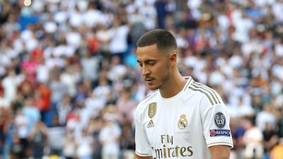 Eden Hazard controls the ball during his unveiling at Real Madrid. Getty Images
