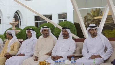 From right: Sheikh Hamdan bin Mohammed, Crown Prince of Dubai, Sheikh Suroor bin Mohammed Al Nahyan, Sheikh Nahyan bin Zayed Al Nahyan, Chairman of the Board of Trustees of the Zayed bin Sultan Al Nahyan Charitable and Humanitarian Foundation, Lt General Sheikh Saif, Deputy Prime Minister and Minister of Interior, and Sheikh Mansour bin Zayed, Deputy Prime Minister and Minister of Presidential Affairs, attend a reception for Mevlut Cavusoglu, Turkey’s Minister of Foreign Affairs, during a Sea Palace barza. Mohamed Al Hammadi / Crown Prince Court - Abu Dhabi