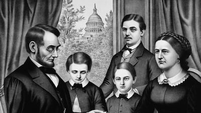 A lithograph showing, from left, American president Abraham Lincoln with his youngest son Thomas ‘Tad’, William ‘Willie’, eldest son Robert, and the First Lady Mary Todd Lincoln. Getty Images