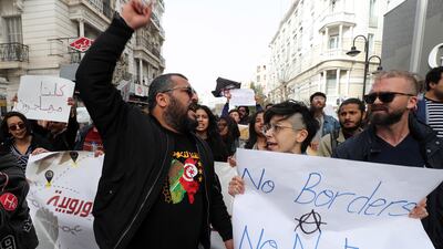 A protest against Tunisia President Kais Saied after his statement against African migrants. EPA
