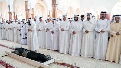 Sheikh Dr Sultan bin Muhammad Al Qasimi, Ruler of Sharjah, Sheikh Saud bin Saqr, Ruler of Ras Al Khaimah, Sheikh Humaid bin Rashid, Ruler of Ajman and Sheikh Ammar bin Humaid, Crown Prince of Ajman, and Sheikh Mohammed bin Hamad, Crown Prince of Fujairah, and other sheikhs and dignitaries perform funeral prayers on the body of Sheikh Khalid. Wam
