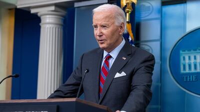 US President Joe Biden speaking during a news conference in the White House press briefing room. EPA