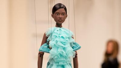 A look from Moschino’s spring / summer 2021 womenswear collection, which was presented as a short film, with marionettes by Jim Henson’s Creature Shop modelling scaled down versions of the clothes. Courtesy Moschino