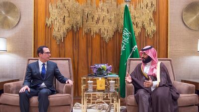 Saudi Crown Prince Mohammed bin Salman meets US Treasury Secretary Steven Mnuchin in Riyadh, Saudi Arabia, October 22, 2018. Reuters
